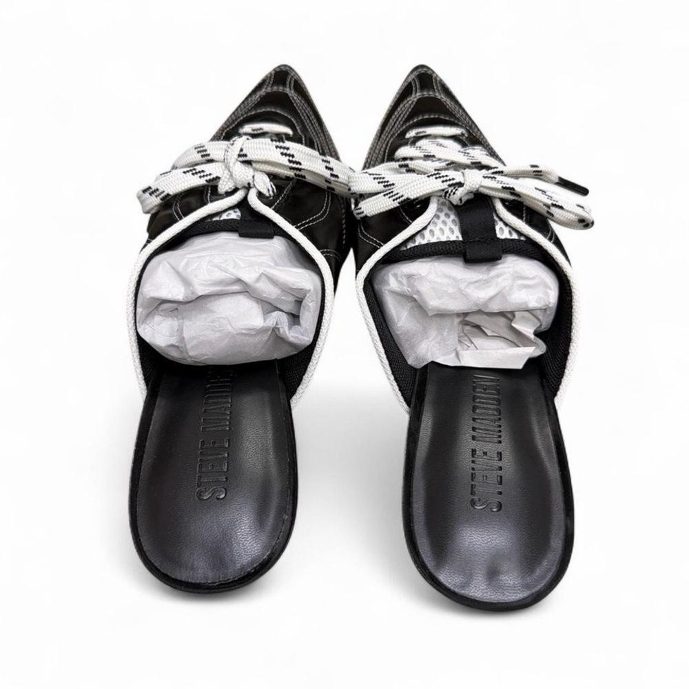 Steve Madden Black Pointed Kirby Mule Heels with White Lace Detail - Picture 5 of 7